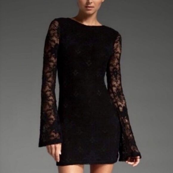Nightcap Clothing Black Lace BodyCon Open Back Bellesleeve Mini medium - Picture 2 of 16